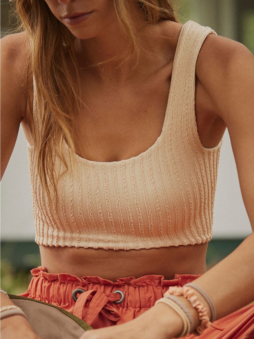 FP Movement by Free People One to Another  Cream Ribbed Scoop Sports Bra M/L